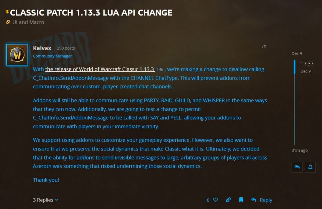 Addons Can No Longer Use Custom Chat Channels To Communicate After Patch 1.13.3
