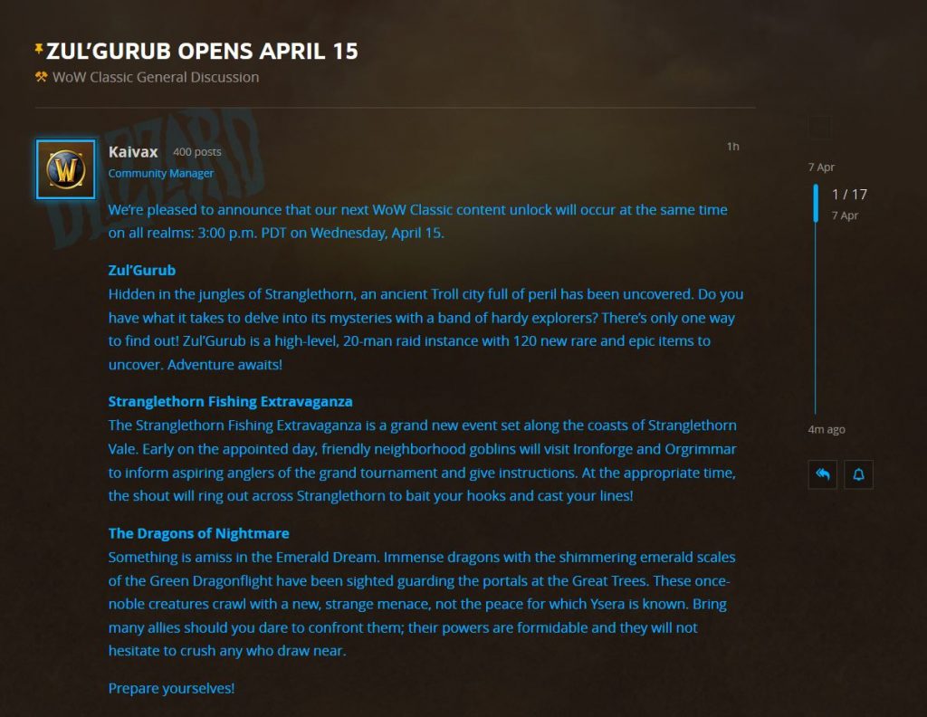 April 15th Release For Zul'gurub, Dragons Of Nightmare, & Stranglethorn Fishing Extravaganza In Wow Classic