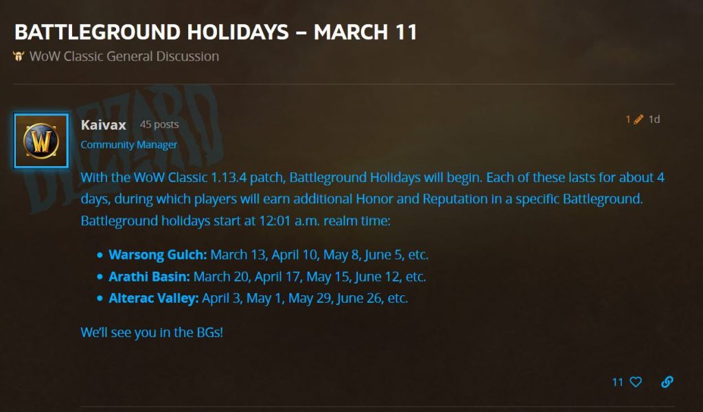 Blizzard Add Battleground Holidays To Wow Classic
