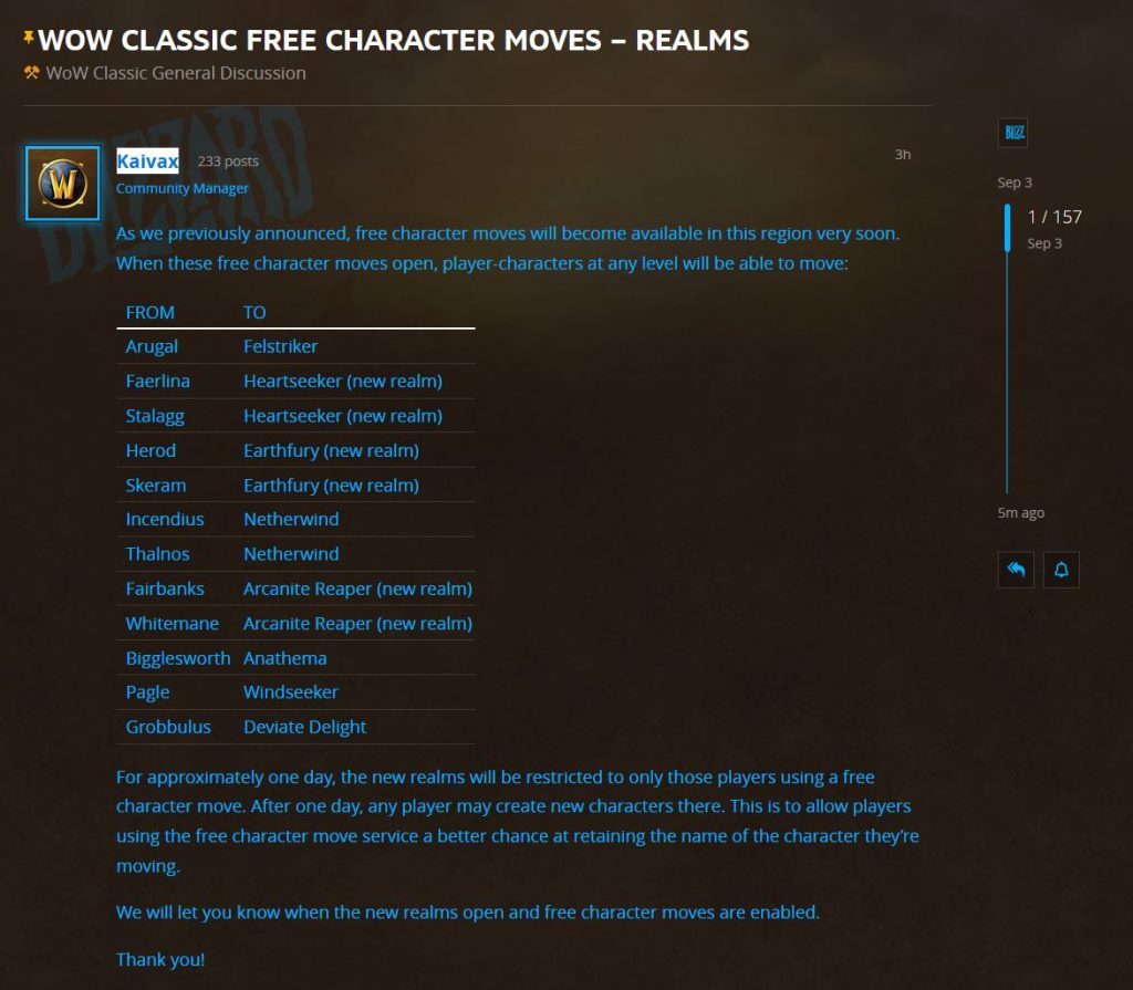 Blizzard Announces Temporary Free Character Moves, New Realms