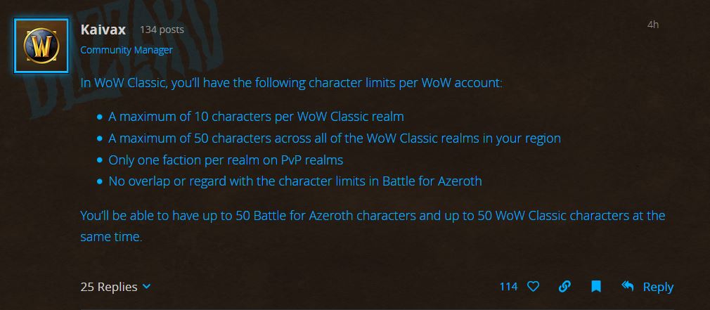 Blizzard clarifies number of character slots in WoW Classic