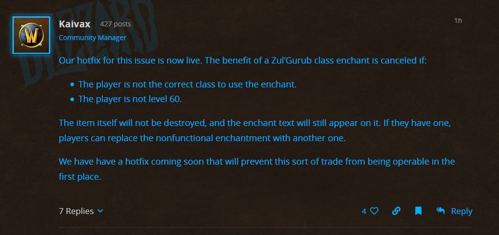 Blizzard Fixes Exploit On Zg Enchants In Wow Classic