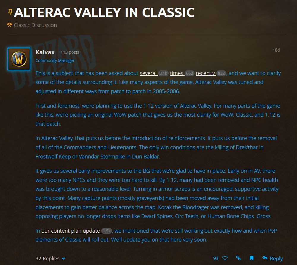 Blizzard posts World of Warcraft Classic’s plan for Alterac Valley