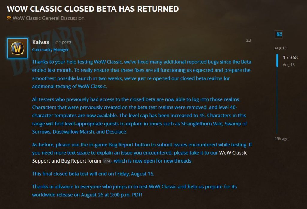 Blizzard Reopens The Wow Classic Beta With Lvl 40 Character Templates