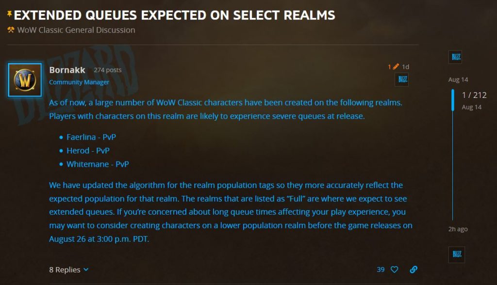 Blizzard Says To Expect Extended Queues On Select Wow Classic Realms