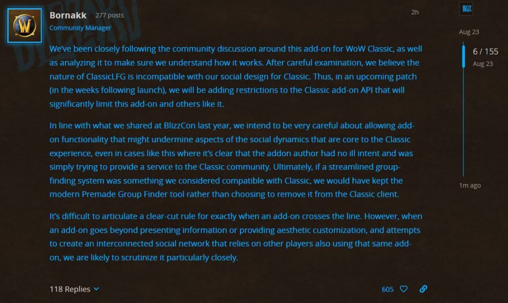 Blizzard Will Be Adding Restrictions To The Classic Api That Will Significantly Limit Classiclfg Addon