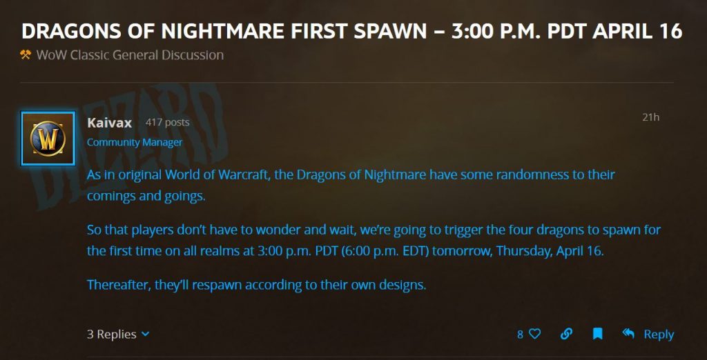 Dragons Of Nightmare First Spawn @ 3pm Pdt April 16th In Wow Classic