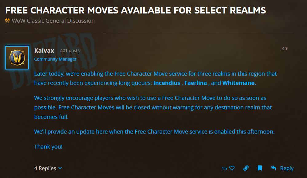 Incendius, Faerlina, And Whitemane To Get Free Transfers