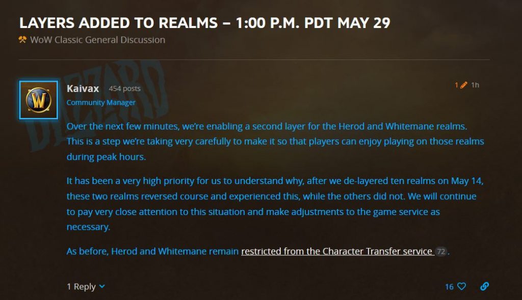 Layers Being Enabled On Whitemane & Herod Realms In Wow Classic