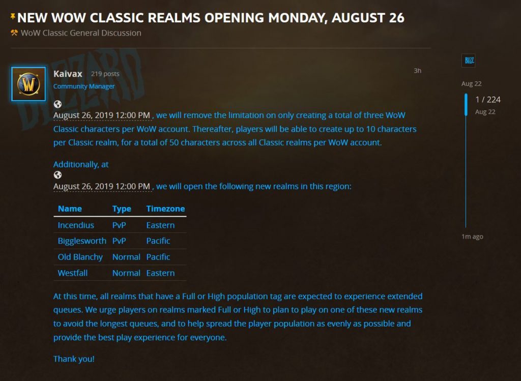 New Wow Classic Realms Opening On Monday