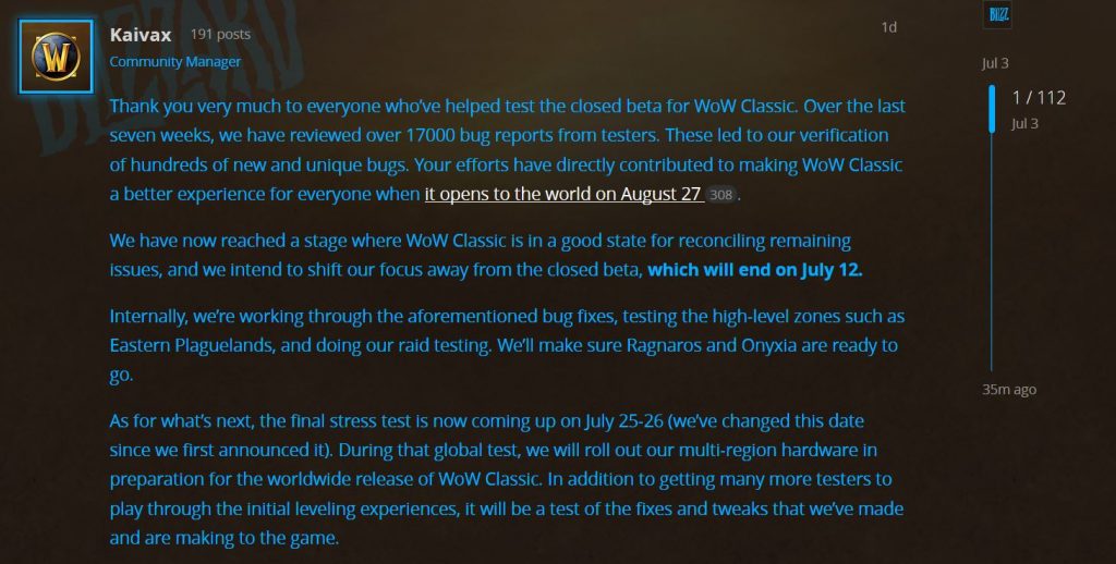 Wow Classic Beta Update Shared By Blizzard