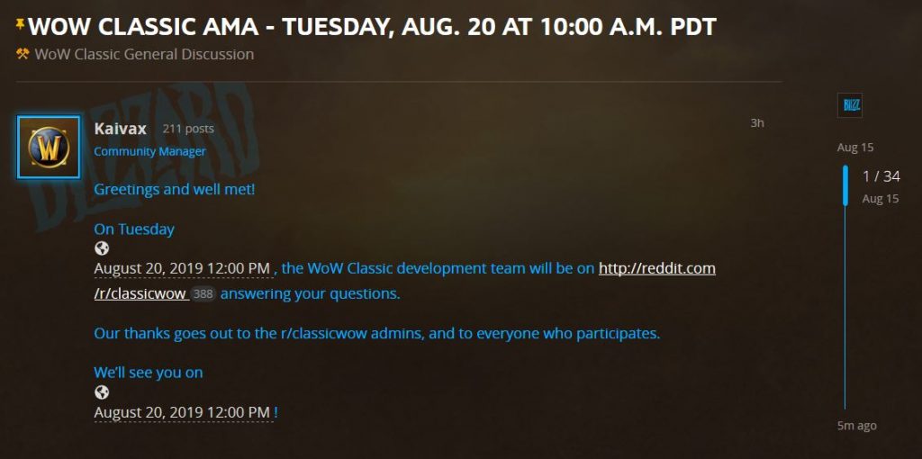 Wow Classic Dev Team Ama Planned For Aug 20th On Reddit