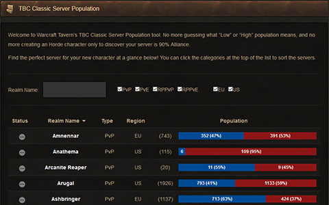 tbc classic realm population burning crusade classic