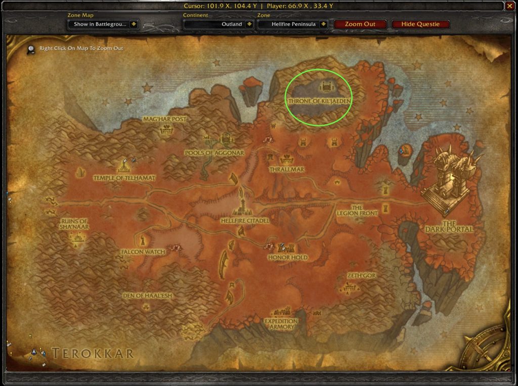 throne of kiljaeden hellfire peninsula map location of doom lord kazzak burning crusade world boss