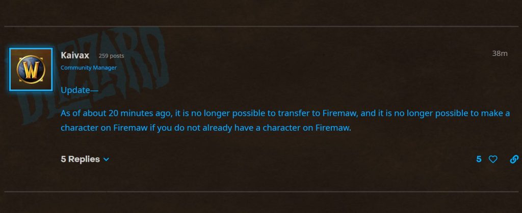 blizzard disables new character creation on & transfers to firemaw tbc classic featured image