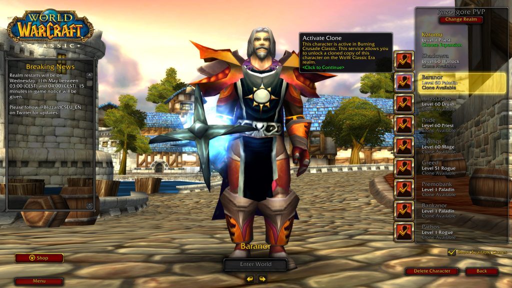 blizzard retires tbc classic clone service on july 26 character screen