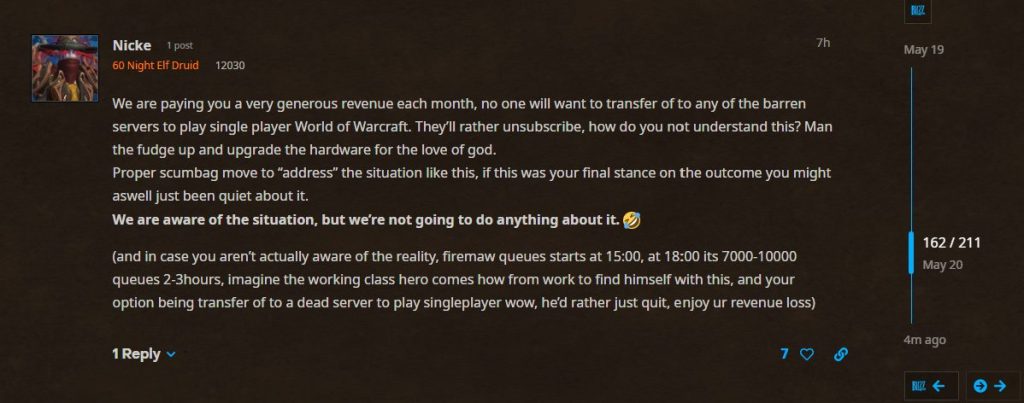 blizzard weighs in on firemaw queues tbc classic forum comment