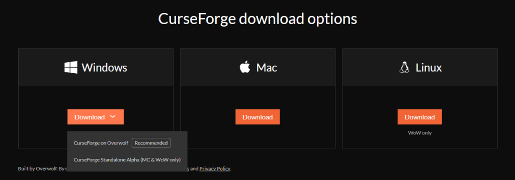 Opções de download do curseforge