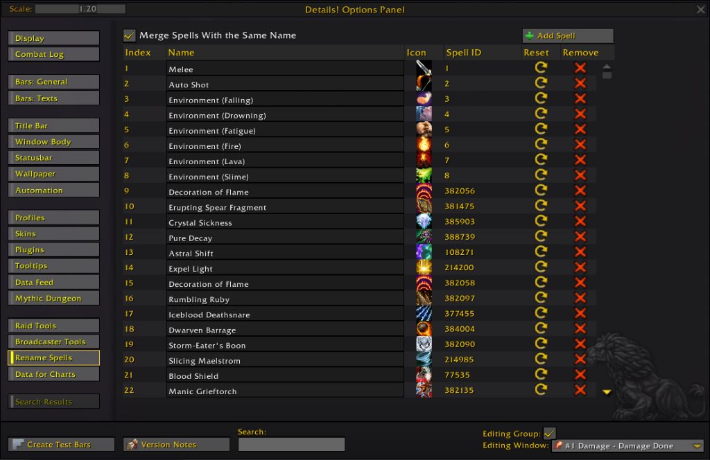 details damage meter addon options rename spells