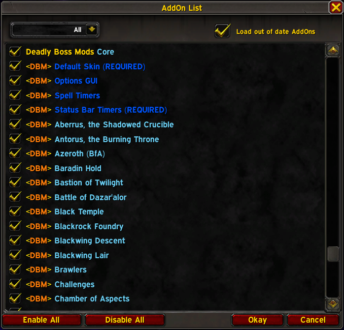 in game addon list