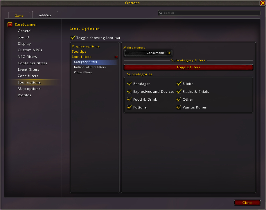 rarescanner addon options loot options loot filters category filters