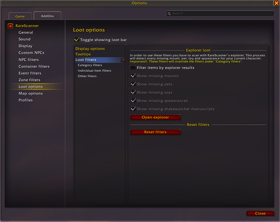 rarescanner addon options loot options loot filters