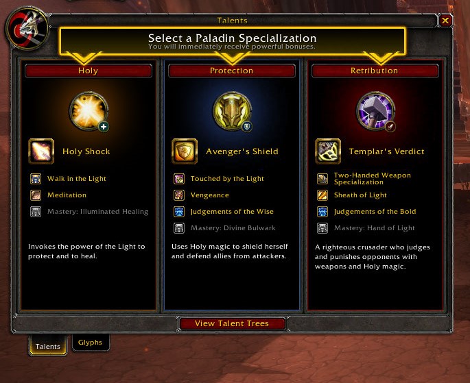 wow cataclysm paladin talent specializations