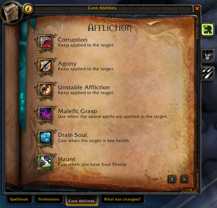 affliction warlock core abilities window