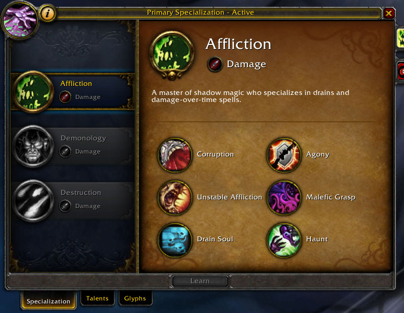 affliction warlock specialization window