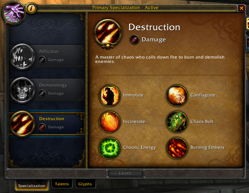 destruction warlock specialization window mists of pandaria
